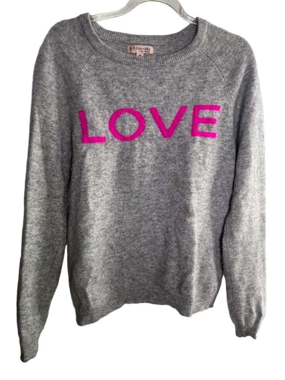 Philosophy Cashmere LOVE Graphic Pullover Sweater in Gray and Pink